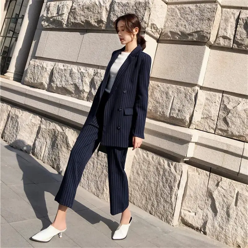 

Ms. Spring and Autumn new suit small fragrant wind striped suit jacket nine points casual wide leg pants two-piece pantsuit
