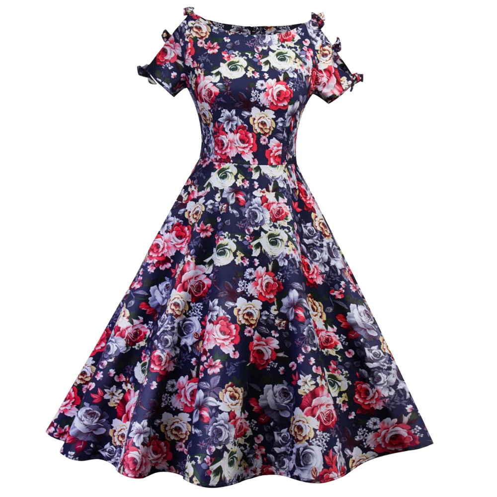 

Joineles Cotton Floral Print Summer Vintage Dress Office Retro Women Dress Party Vestidos Ties Bowknot Sleeves Casual Sundress