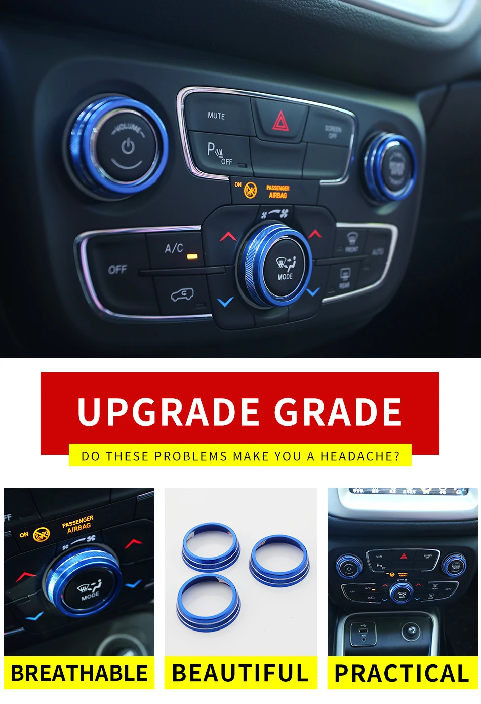 Небольшое изменение 3 шт./компл. автомобильный Кондиционер для кнопки переключателя крышки кольца крышки для Jeep Compass 2017 2018 аксессуары