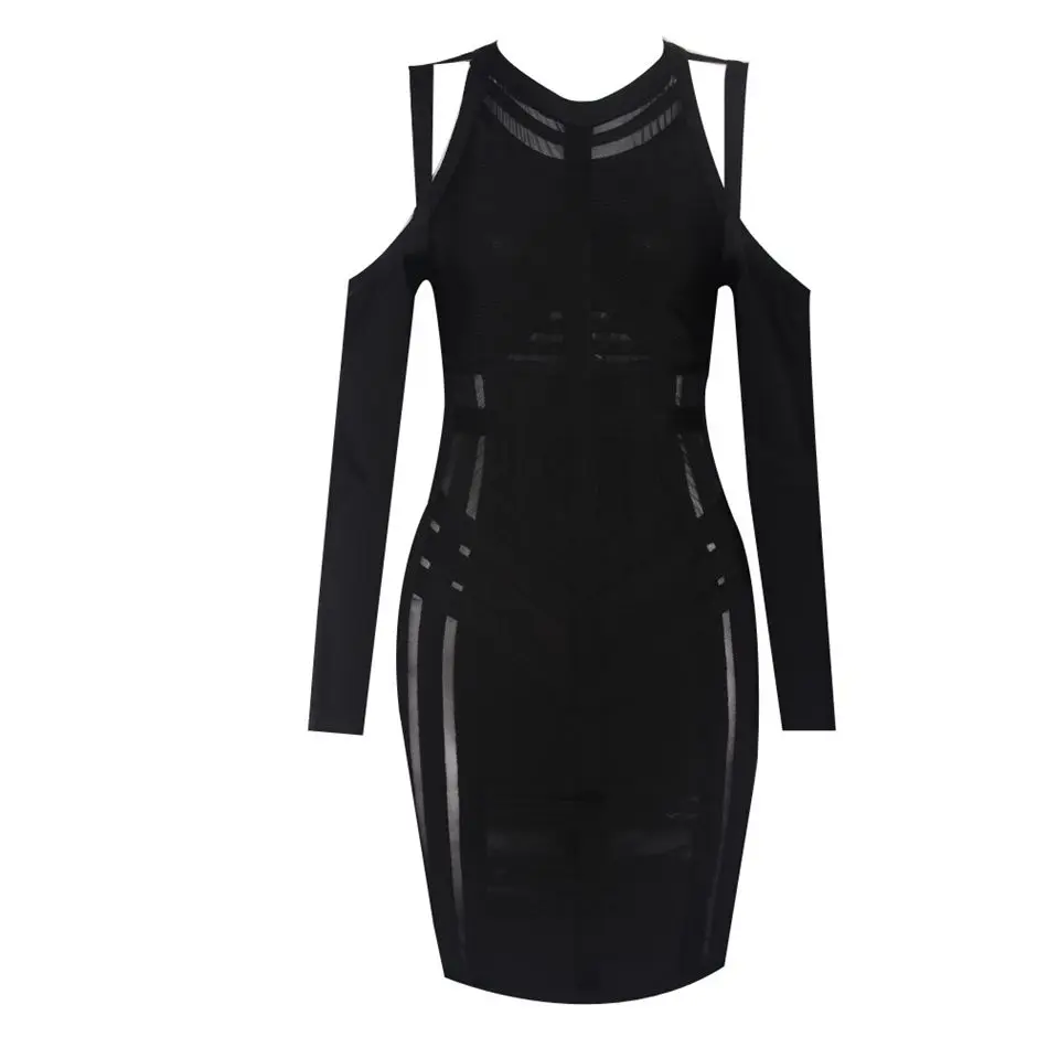 2017Black2twopieceLongsleevecutoutmeshoneckvestidosBODYCON