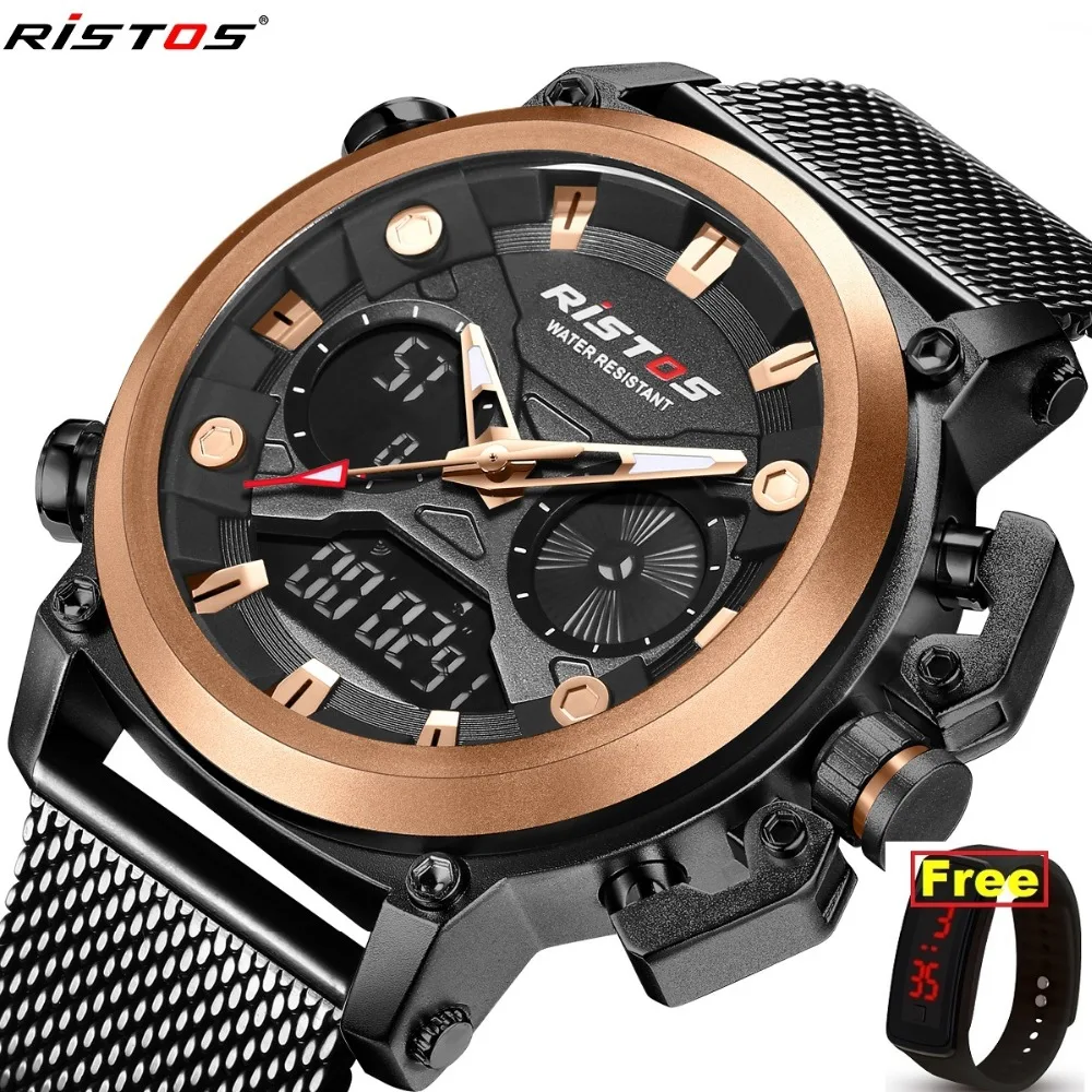 

RISTOS dual display Men Military Watch Waterproof Wristwatch LED Quartz Clock Sport Male relogios masculino 9399 Men S Shock new