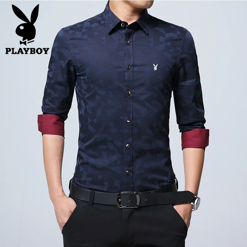 PLAYBOY новая Клетчатая Мужская рубашка в горошек с принтом повседневные рубашки с длинными рукавами для мужчин облегающие мужские рубашки