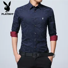 PLAYBOY новая Клетчатая Мужская рубашка в горошек с принтом повседневные рубашки с длинными рукавами для мужчин облегающие мужские рубашки