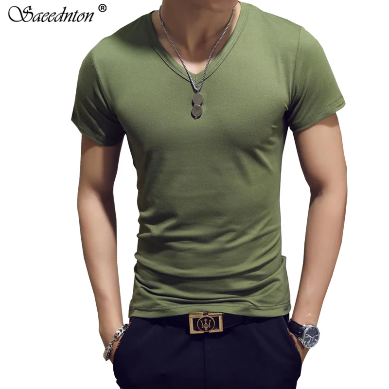 

T Shirt For Men 2019 Summer New Men's Casual Cotton Short Sleeve Solid T-shirts Homme V Collar Tops Tees Clothing Slim Tshirts
