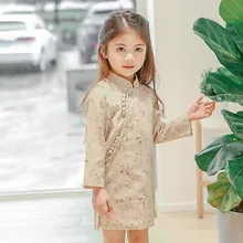 DFXD Baby Long Sleeve Dress 2018 Spring New Chinese Style Cotton Flower Print Cheongsam Little Girls Dresses Kids Costumes 2-8Y 2018 autumn new arrival girls chinese style cheongsam kids girls long sleeve crane print dresses surplice qipao clothes years