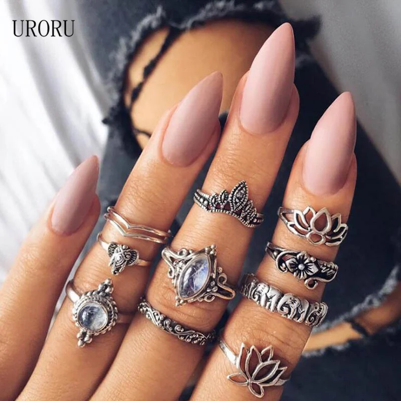 

URORU 10 Pcs/ Set Rings For Women Classic Vintage Jewelry Round Geometrical Irregular Ring Set Party Fashion Jewelry
