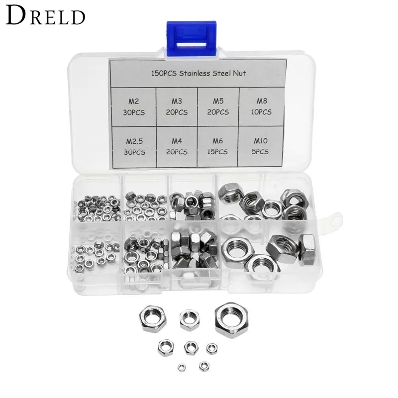 

DRELD 150PCS Stainless Steel Self-Locking Hex Nuts Nylon Lock Nuts Hardware M2 M2.5 M3 M4 M5 M6 M8 M10 Assortment Kit