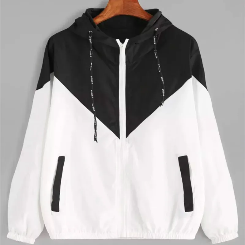 

2019 Spring Autumn Women Jackets Spliced Color Elastic Waist Jacket Coat Casual Loose Style Zipper Tops Long Sleeve Ladies Tops