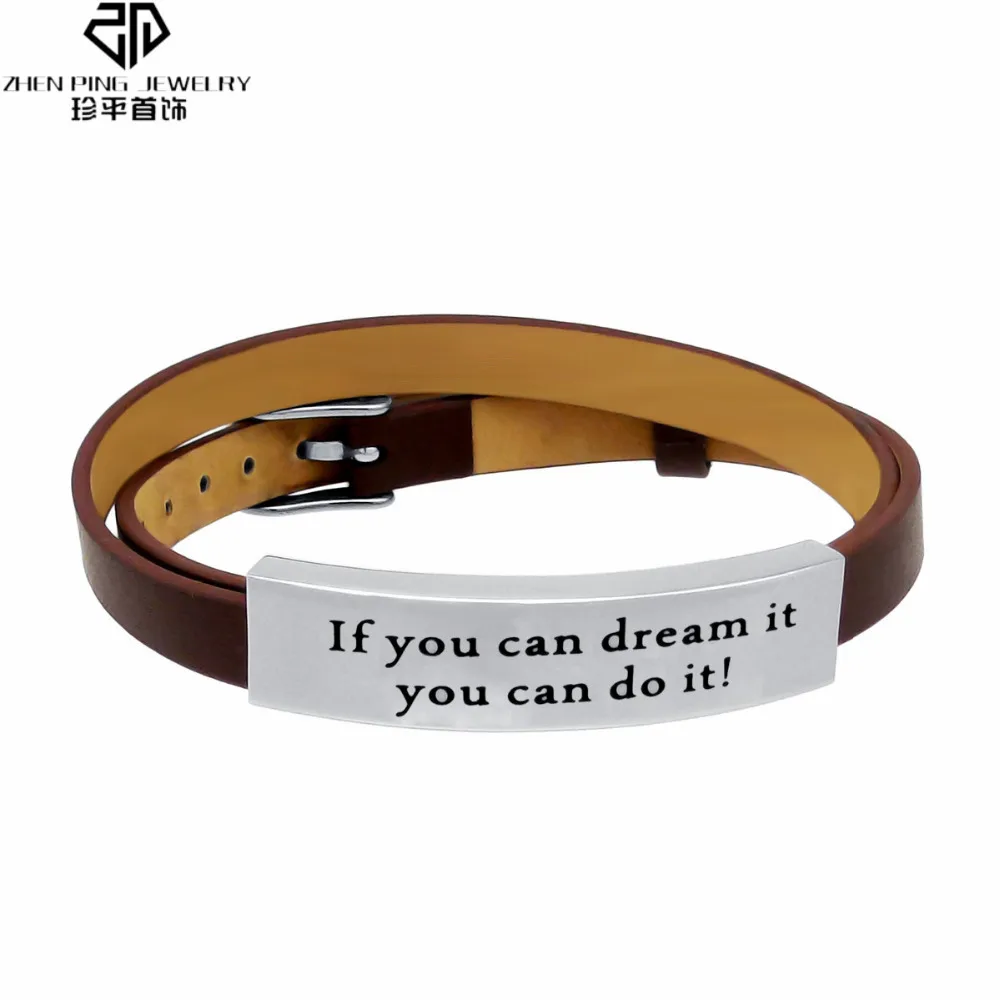 

Stainless Steel Jewelry Brown Genuine Leather Bracelets Corrosion Engraved Inspirational Words Bracelet