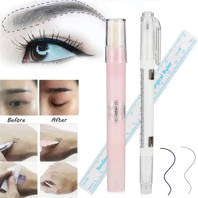 3pcs Microblading Surgical Eyebrow Marker Pen With Measure Ruler+Magic Eraser Remover Brush Tattoo Scribe Piercing Skin Tool