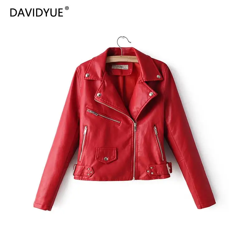 

Red leather jacket women turn down collar zipper coat long sleeve casual faux leather riverdale black biker jackets 2022