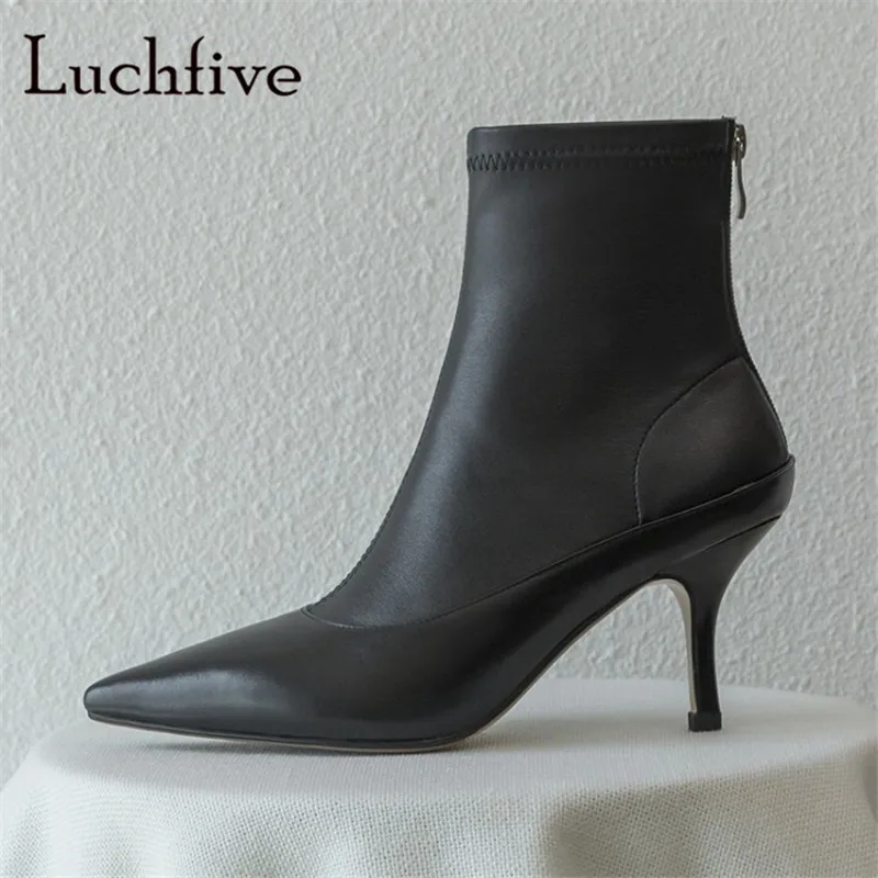 

New pointed toe women booties fashion back zipper sexy thin high heels comfortable outwear ankle boots women black white