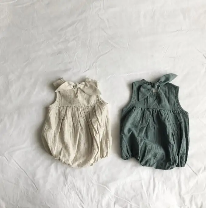 

2019 Babys Girls Linen Romper Spring Summer Bow Babys Jumpsuit 0-2t PE352