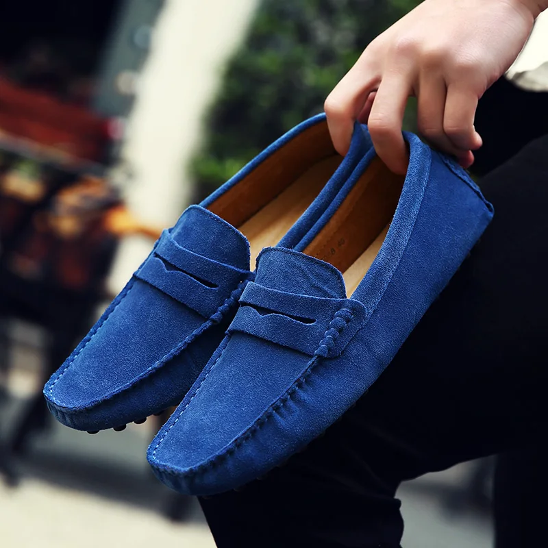 

2019 Cow Suede Mens Shoes 38~46 Casual Driving Drive Shoes Leather Comfortable Man Loafers Black Gray Slip On Footwear Men 2088
