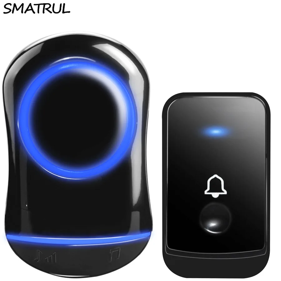 SMATRUL New Waterproof Wireless Doorbell EU Plug 300M Remote smart Door Bell Chime ring  1 2 button 1 2 3 receiver no battery Deaf Gorgeous lighting black 1