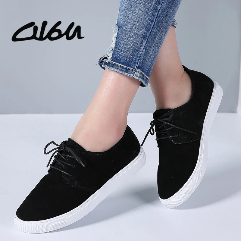 

O16U 2018 Spring Women Sneakers Lace-up Flats Shoes Old School Creepers Ladies Moccasins Suede leather shoes Sneakers Slipony