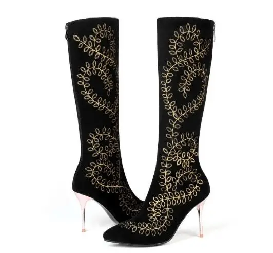 

Women black pointed toe high heel knee-high boots Ladies autumn and winter thin heel long boots Fashion boots Dress shoes