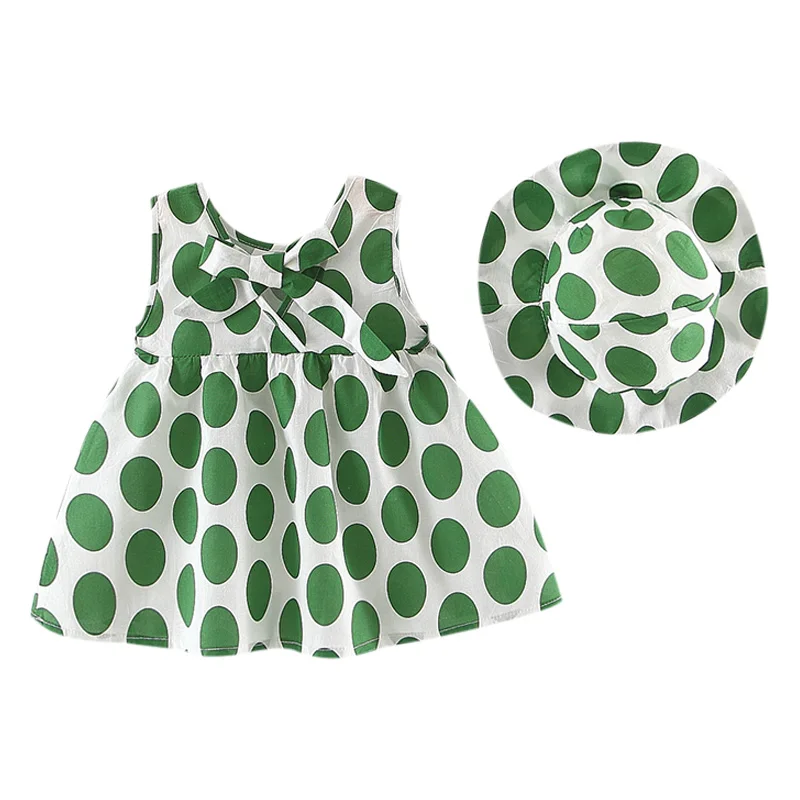 

Dot Sweet Lovely Available in three colors Baby Girl Summer Cute Sleeveless Concise Casual All-match Dot Printed With Hat Dress