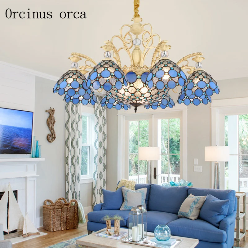 

High end Mediterranean blue glass chandelier living room bedroom pastoral village creative LED painted chandelier free shipping