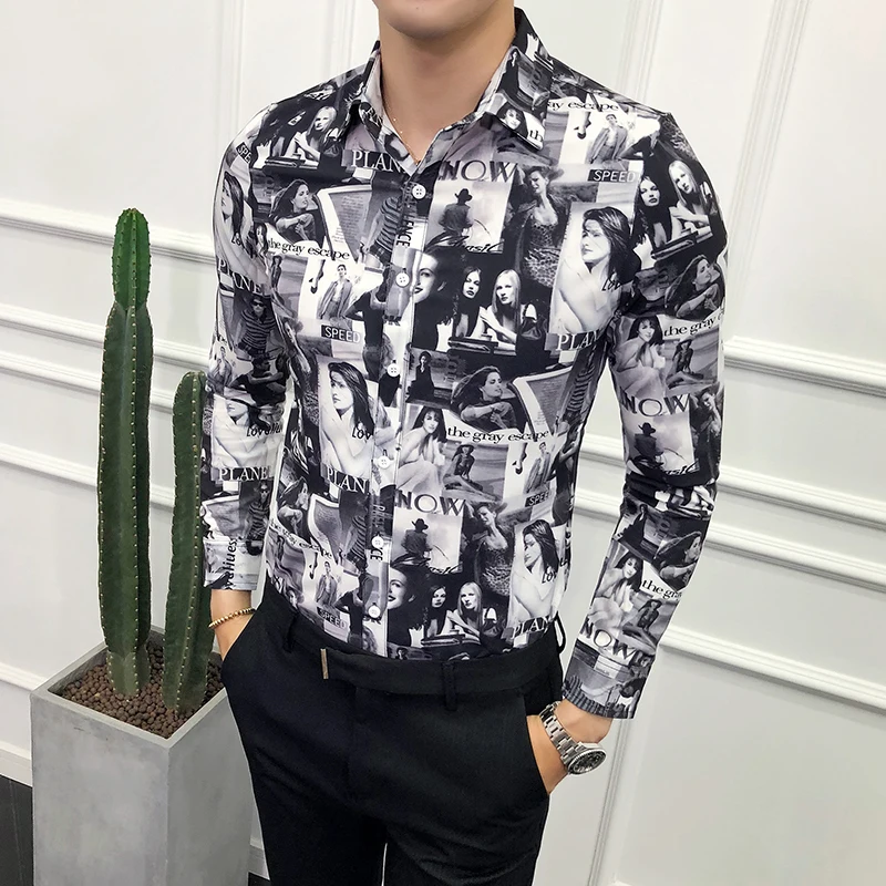 

High Quality Dress Shirt Men Brand New Slim Fit Print Tuxedo Long Sleeve Mens Casual Shirts Turn Down Collar Blouse Homme 3XL-M