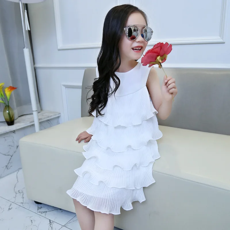 

NEW 2018 Teenager dress cute Pleated chiffon princess dress solid sleeveless girls layered dress for 4-18 age party vest clothes