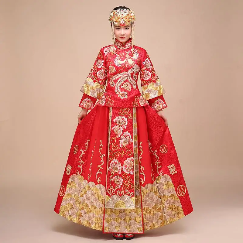 Большой Размер 3XL 4XL древнее женское свадебное платье красная вышивка цветочный Китайский Свадебный костюм Cheongsam классический длинный Qipao - Цвет: Flower 2
