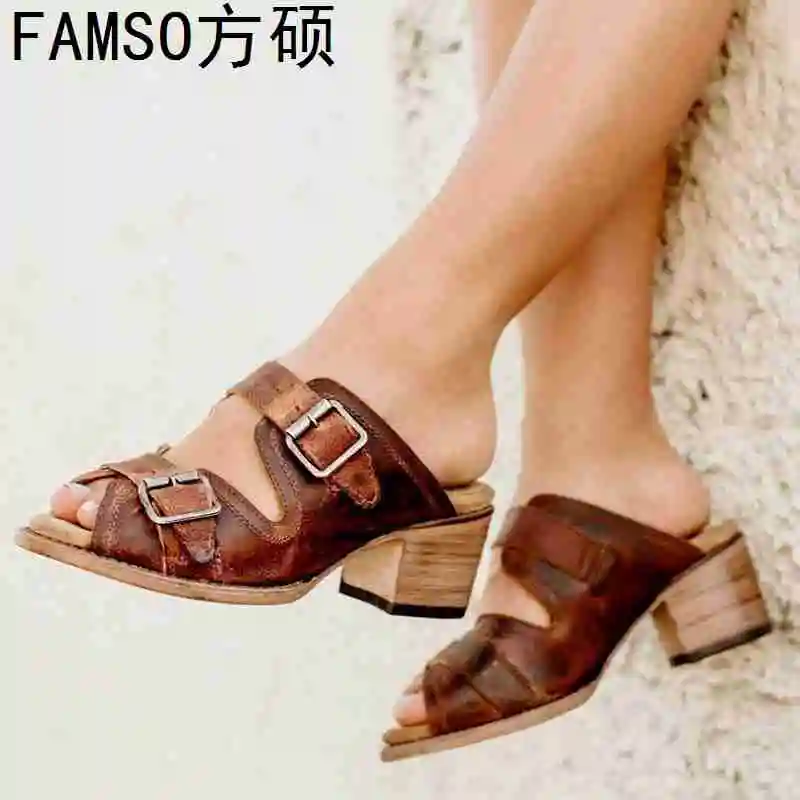 

FAMSO 2019 New Shoes Women Sandals Peep toe High thick Heels Slides Buckle Retro Style Lady Outside Pumps Summer Brand Sandals