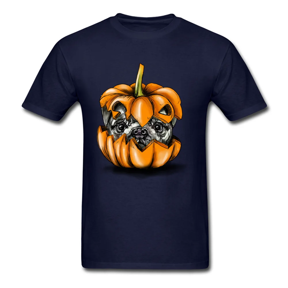 Halloween Pumpkin Pug Casual T Shirt for Students 100% Cotton Fabric Fall Round Collar Tshirts Classic Tops Shirts New Arrival Halloween Pumpkin Pug navy