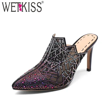 

WETKISS 2018 Summer High Heels Women Slippers Fashion Sexy Ladies Mules Shoes Pointed Toe Slides Shoes Bling Crystal Footwear