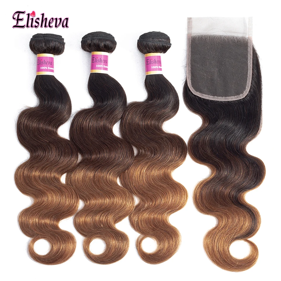 

Elisheva Ombre Hair Bundles With Closure 1B/4/30 Three Tone Peruvian BodyWave Ombre Human Hair Bundles with Closure NonRemy Hair