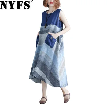 

NYFS 2020 New Summer dress Vintage Cotton Linen Loose Patchwork sleeveless women long Dress Vestidos Robe Elbise