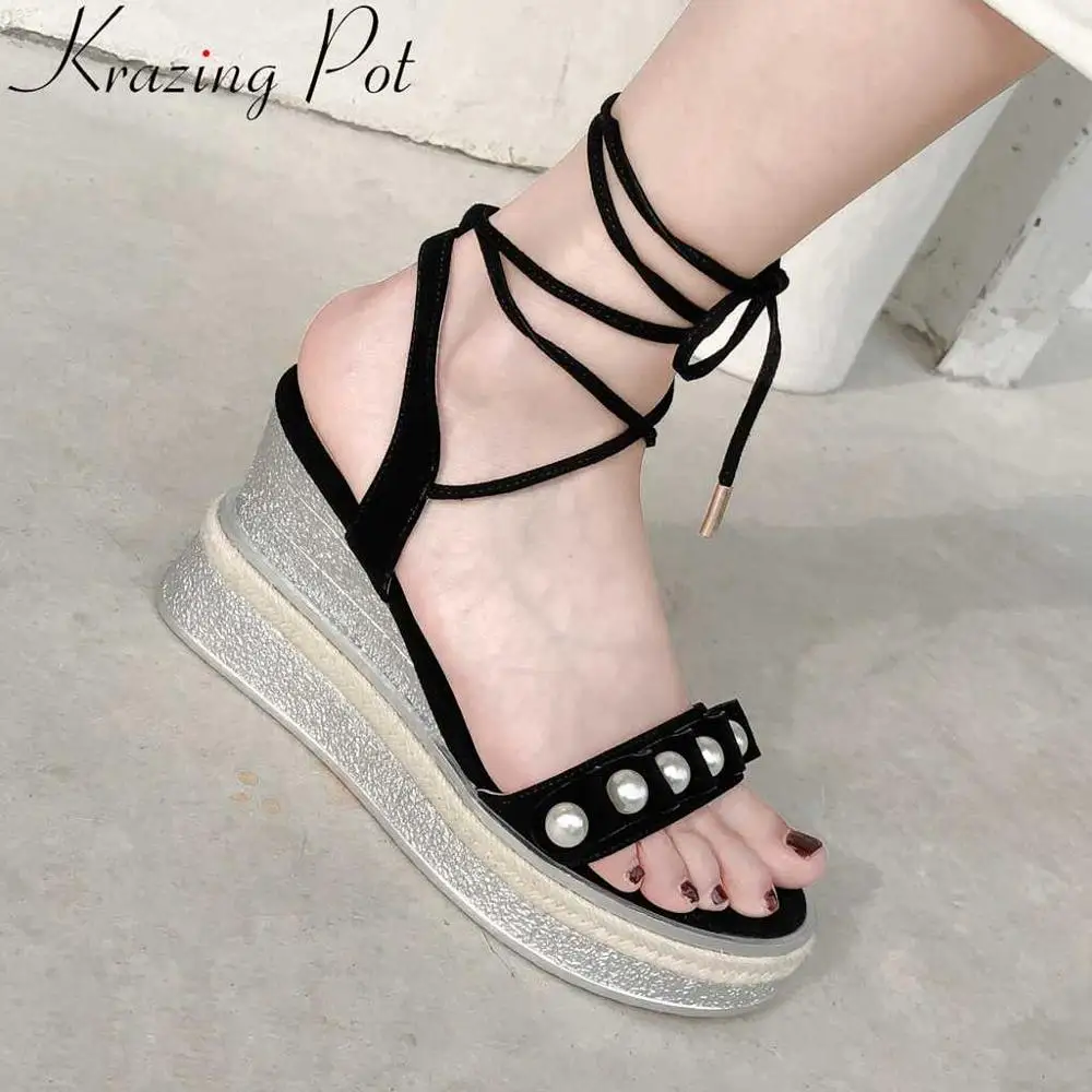

Krazing pot new arrival natural leather pearls decoration peep toe ankle strap warterproof high heels fairy style sandals L30