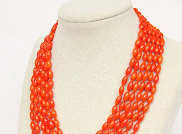 

ddh002454 Wonderful 6rows 5X8mm rice shape orange pink CORAL necklace