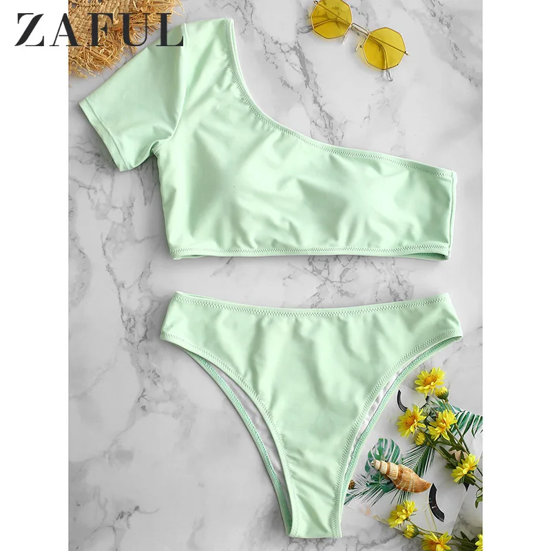 

ZAFUL One Shoulder Bikini High Waisted Swimsuit Push Up Swimwear High Leg Cut Bathing Suits Summer Sexy Short Sleeve Biquini