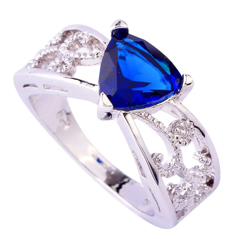 Unisex New Arrival Fashion Jewelry Trilliant Cut Blue hollow Triangle Silver color Ring Size 6 7