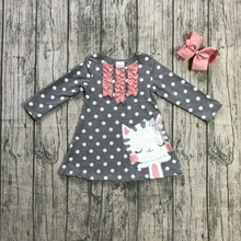 Весенне-зимнее хлопковое платье в горошек для маленьких девочек из молочного шелка с изображением котенка детская одежда Эксклюзивное Платье До Колена с длинными рукавами и бантом