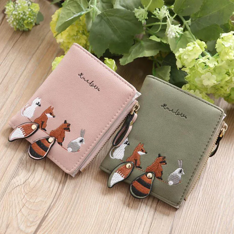 New Fashion Female Wallet Short Embroidery Animal Pattern Women Wallets Pink Green Black Gray Womens Wallets And Purses