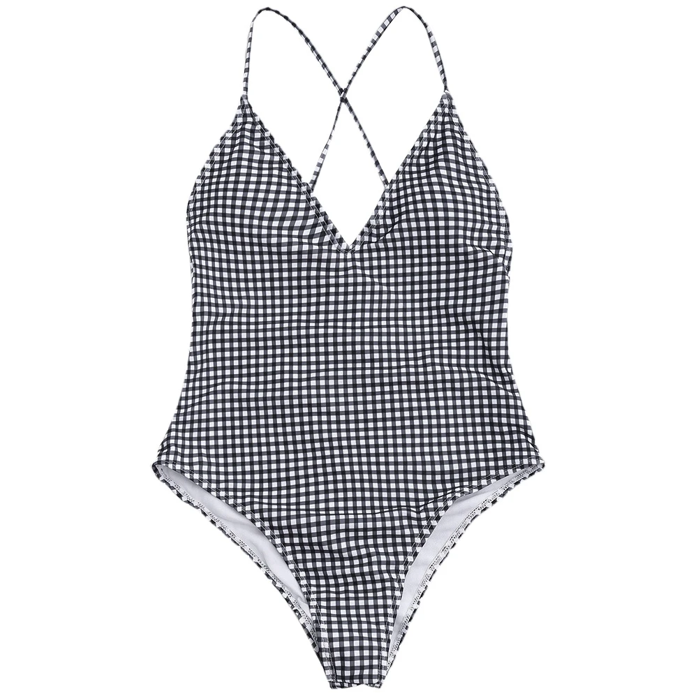 

2018 New Arrivals Women One Piece Ruched High Cut Checked Swimwear Mid Waisted Plaid Spaghetti Straps One Piece Swimsuit