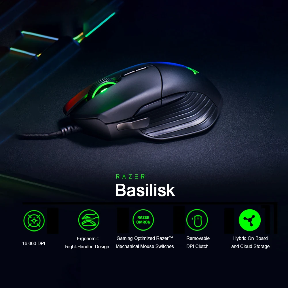 Проводная игровая мышь razer Basilisk для геймера 16000 dpi RGB 5G Оптический сенсор съемный dpi сцепление сопротивление прокрутки 8 кнопок Черный