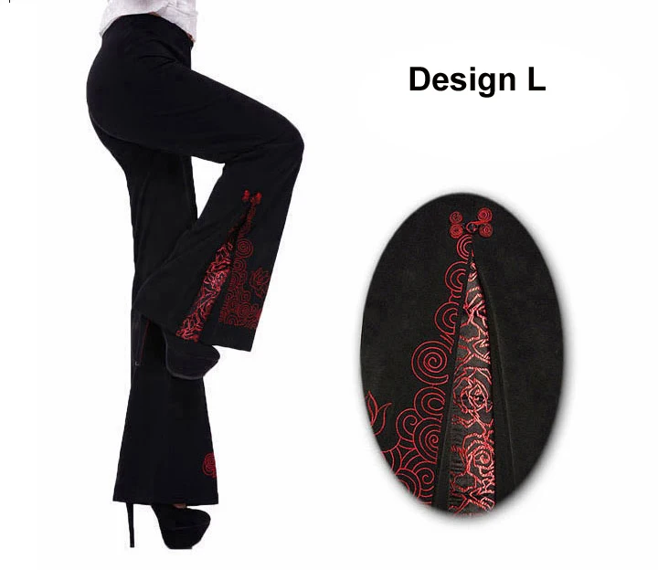 Новые черные китайские традиционные женские расклешенные брюки с цветочной вышивкой, длинные брюки, панталоны клеш плюс XS-5XL WNS031913 - Цвет: L