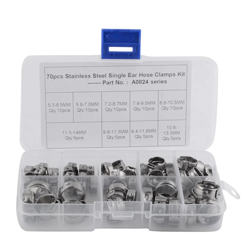 

EASY-70Pcs/Set Single Ear Hose Clamps Hose Fuel Clamps Assortment For Hydraulic Hose Fuel 5.3-14.0Mm