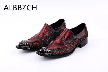 

New mens fashion lace rivets genuine leather wedding shoes men loafers pointed toe evening party dress sheos red blue green US12