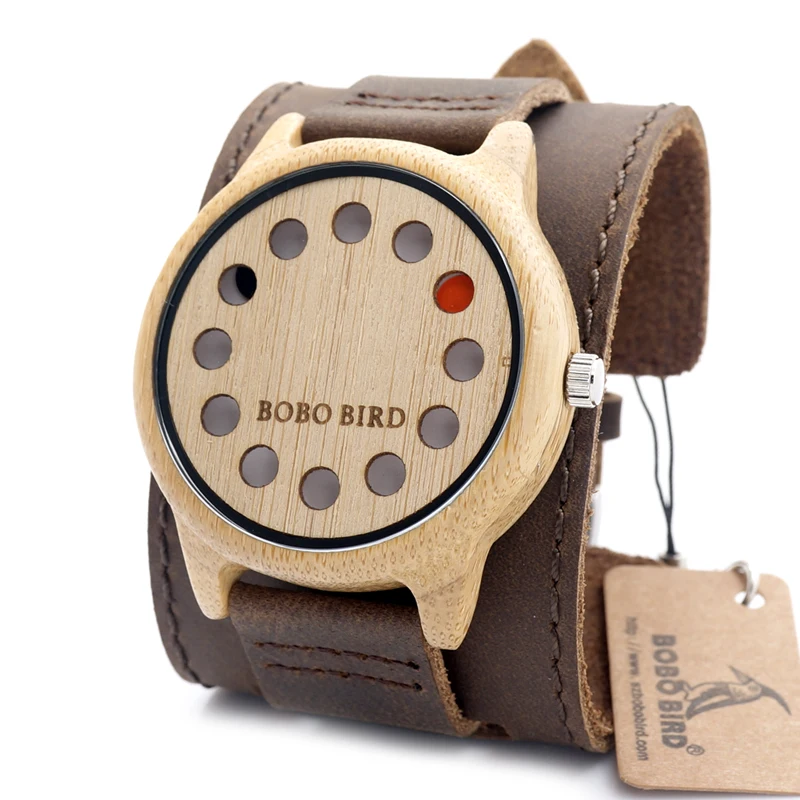 BOBO BIRD V-A26 12 Holes Design Bamboo Wood Watch Mens Quartz Analog Watches Brown Leather Wooden Wristwatch Band