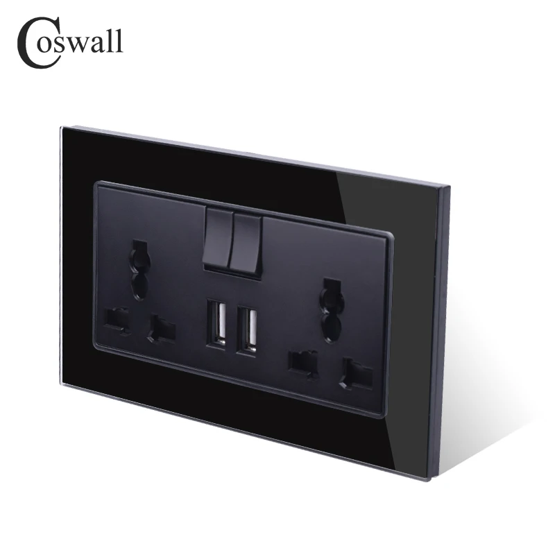 COSWALL 13A универсальная Коммутируемая розетка 2 USB порта зарядки для мобильного выхода 2.1A настенная розетка Хрустальная стеклянная панель