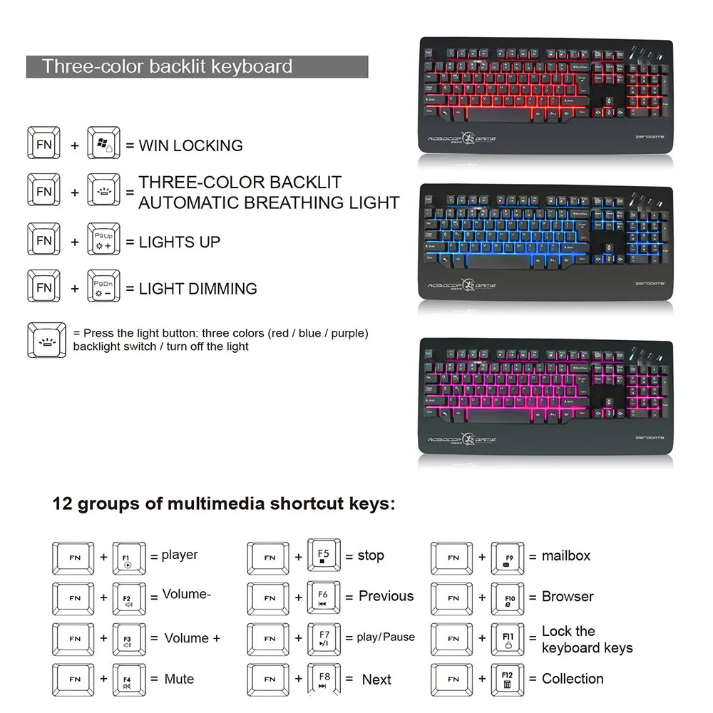 ZERODATE X12 3 цвета светящийся светодиодный USB Проводная игровая клавиатура с подсветкой Эргономичный дизайн APR25