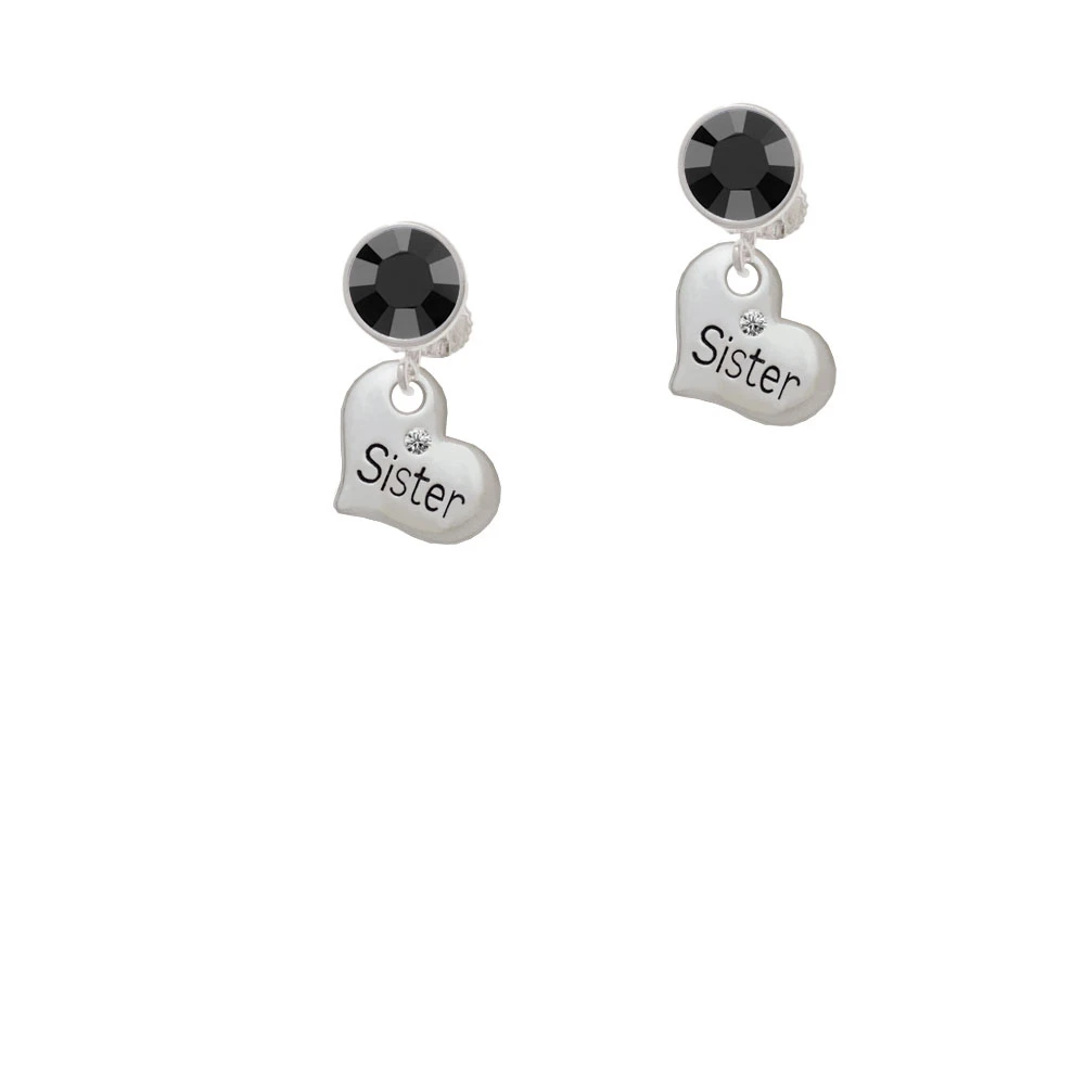 Small ''Sister'' Heart with Clear Crystal Crystal Clip On Earrings (2)