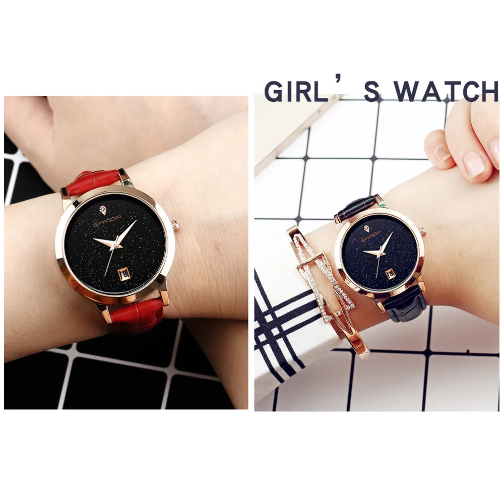 2018SANDA модные часы со звездным циферблатом Роскошные модные часы с кожаным ремешком аналоговые кварцевые круглые наручные часы женские часы-браслет