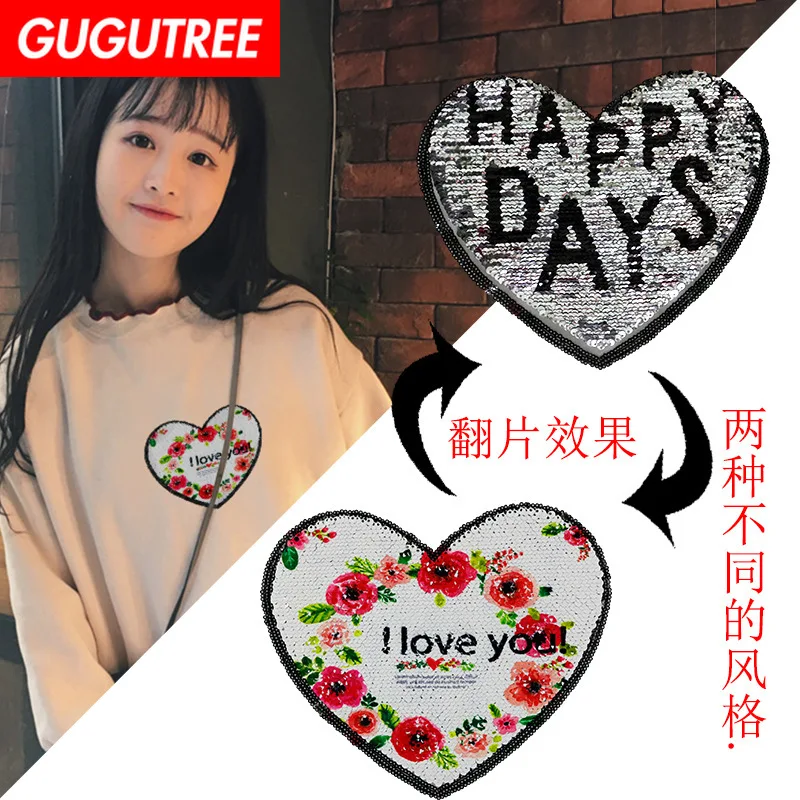 

GUGUTREE embroidery Sequins big love heart patches letter flower patches badges applique patches for clothing XC-231