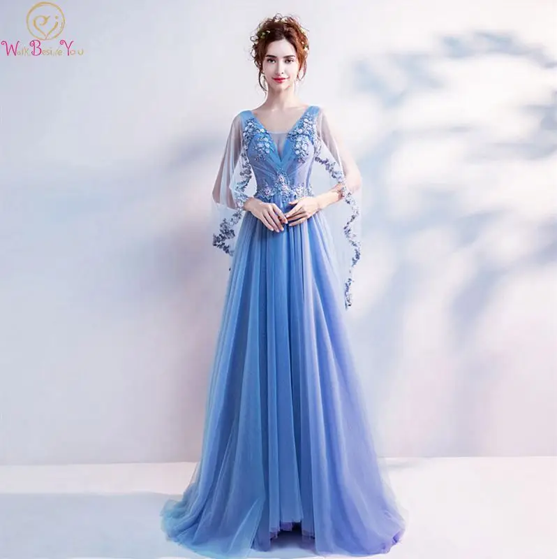 

New Design Prom Dress 2019 Blue Simple Illusion Top Appliques With Flowers Beading Sequined A-line Scoop Neck Short Sleeves Gown
