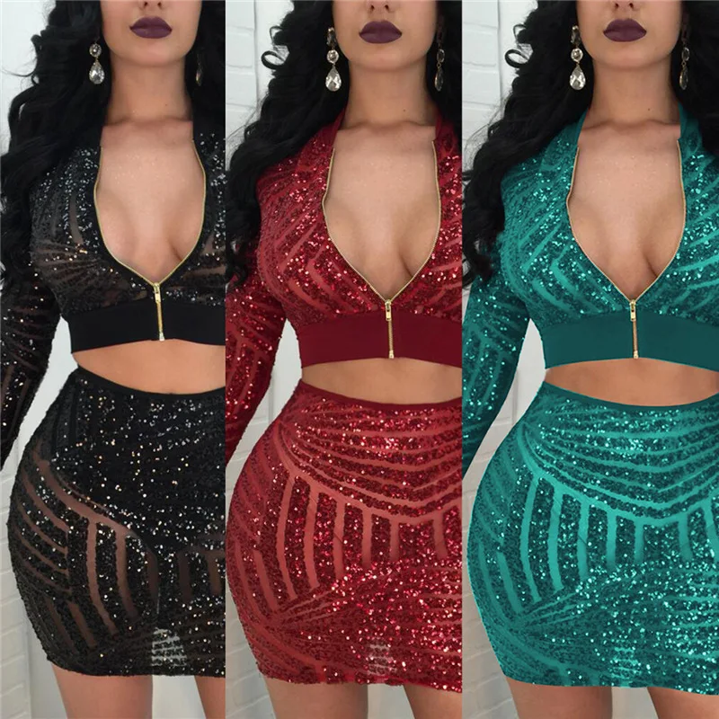 Adogirl модные блестящие женские платья из двух частей комплект на молнии
